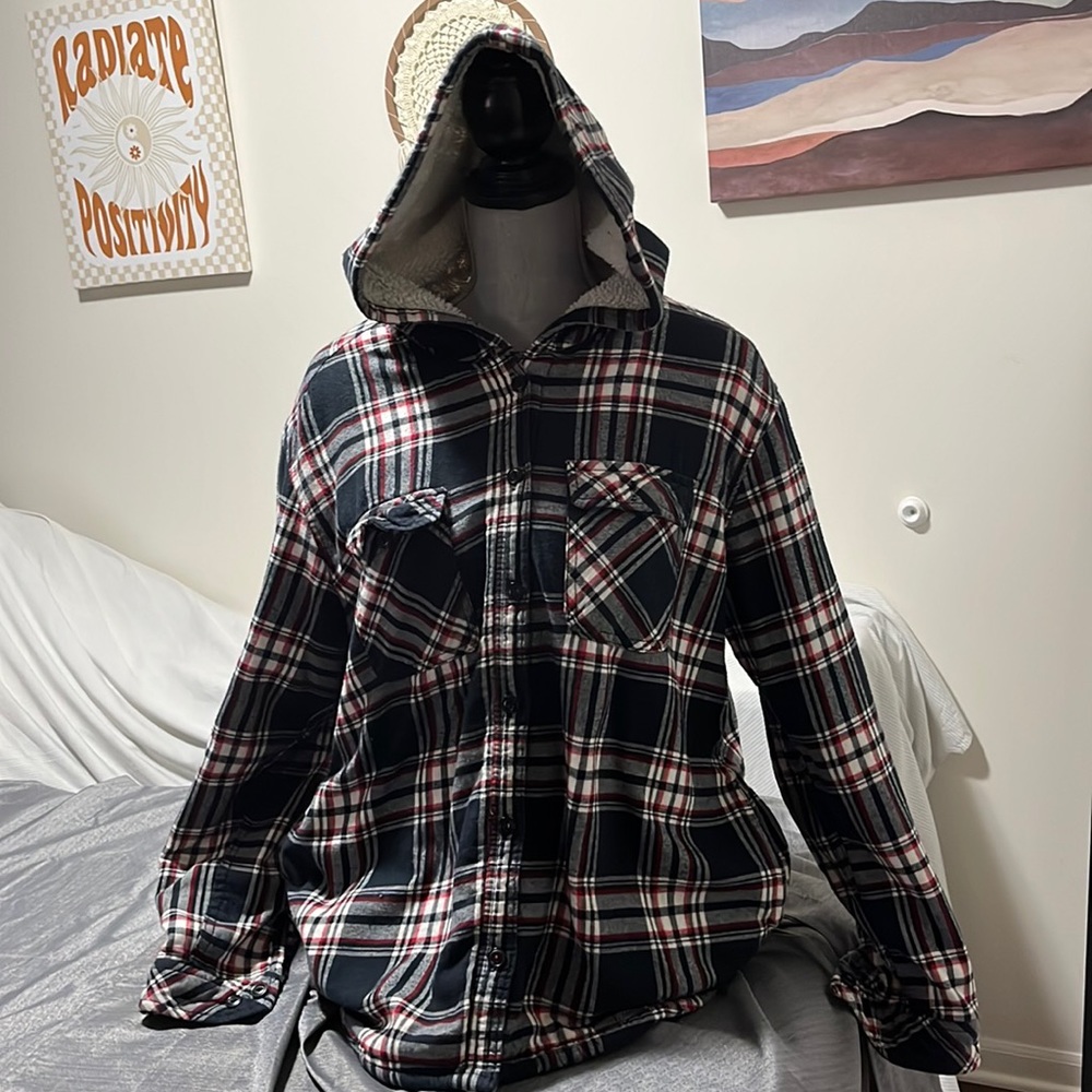 Boston Traders sz XL Red Black White plaid fleece lined button down flannel
